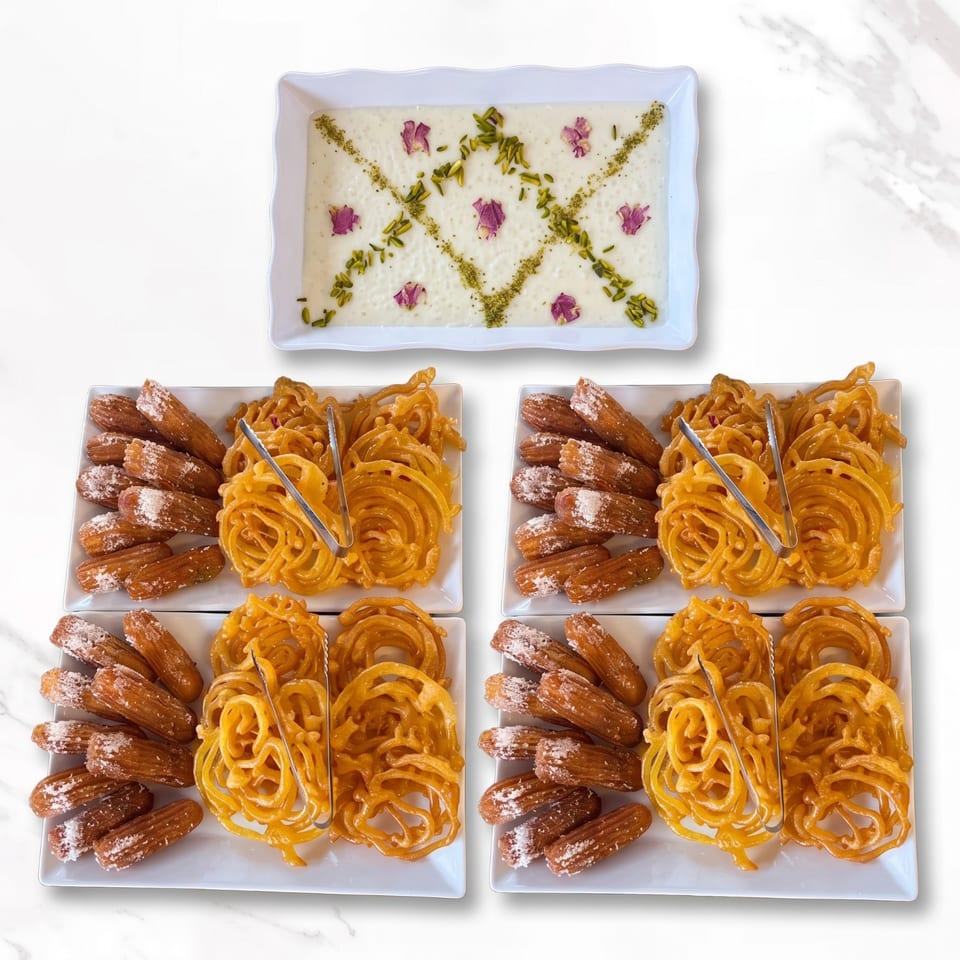 Four platters of Indian sweets, including jalebi and sugar-dusted fried pastries, surround a pistachio- and rose-garnished creamy dessert.