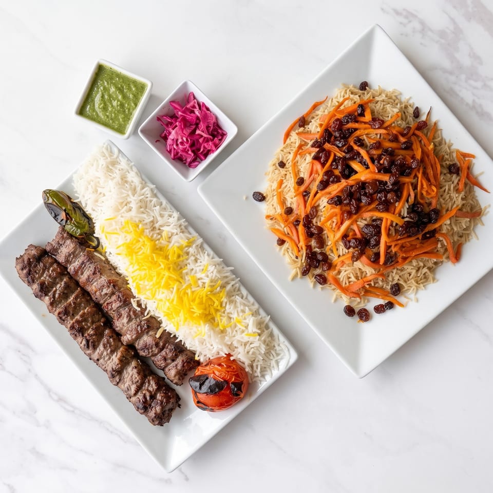 Grilled kebabs with saffron rice, carrot-raisin rice, grilled vegetables, green sauce, and pickled cabbage on white plates.