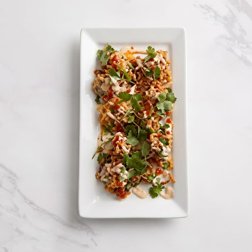 Crispy fried seafood topped with cilantro, red sauce, and creamy drizzle on a white rectangular plate.