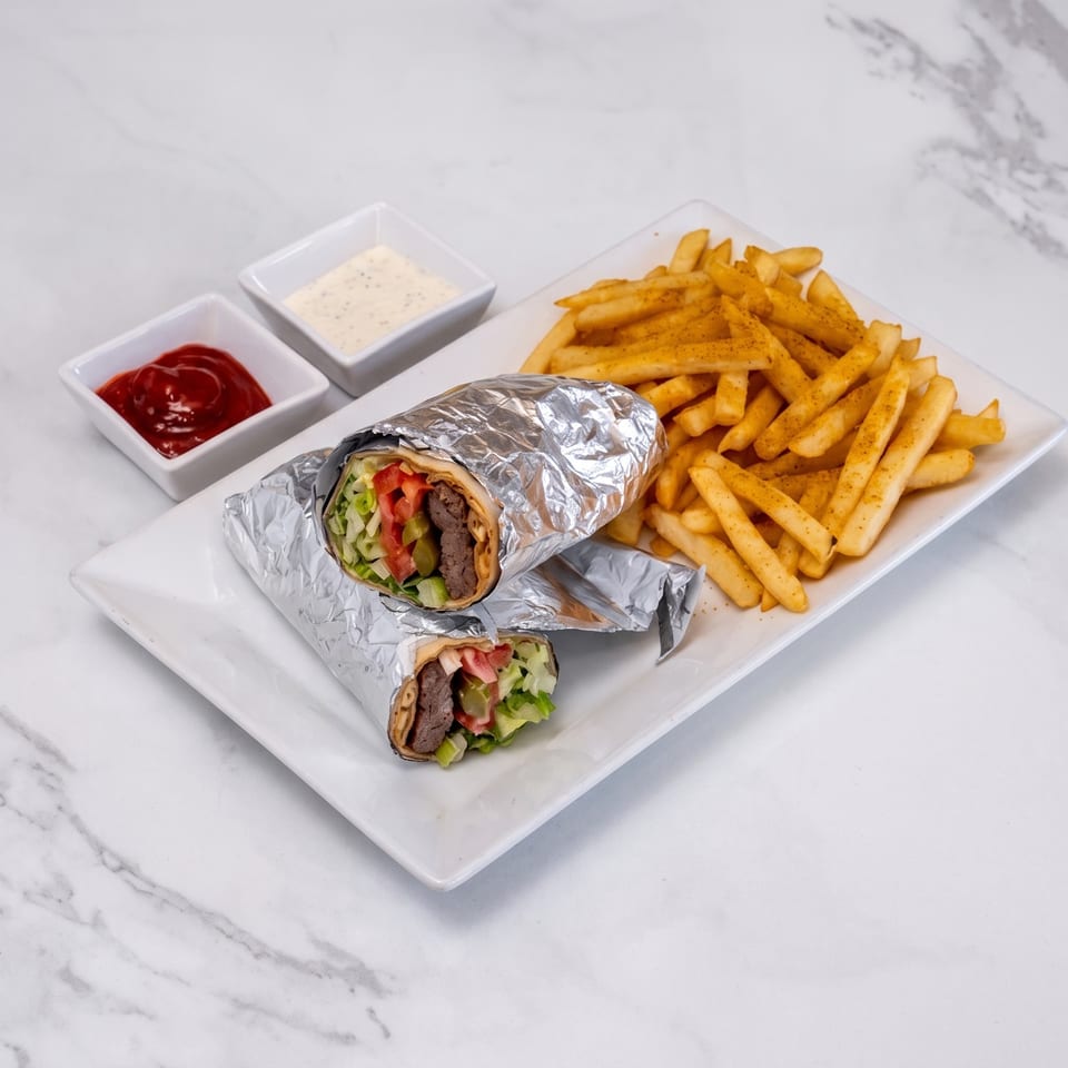 Foil-wrapped shawarma wraps with lettuce, tomatoes, and meat served alongside seasoned fries, ketchup, and creamy dipping sauce.
