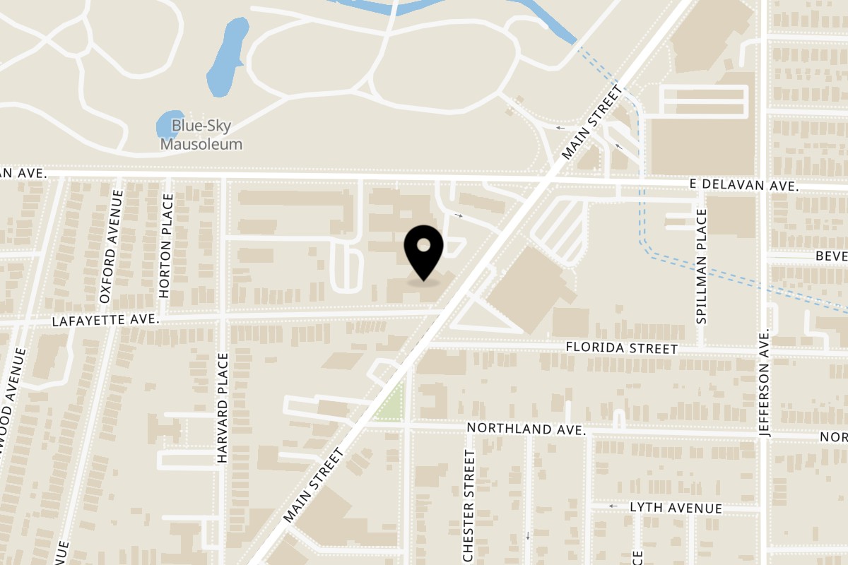 Map showing the location of Saffron Kitchen on 1786 Main St in Buffalo